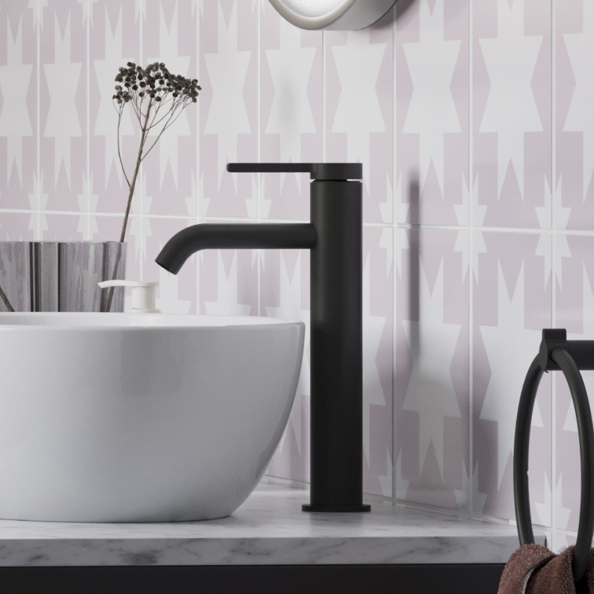 Product lifestyle image of Britton Hoxton 2.0 Matt Black Tall Basin Mixer Tap deck mounted next to bowl HOX112DNM